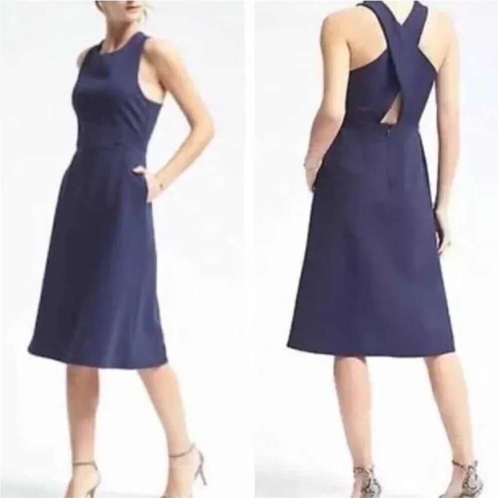 Banana Republic Navy Crossback Ponte Knit Stretch Midi Dress 12P NWT
